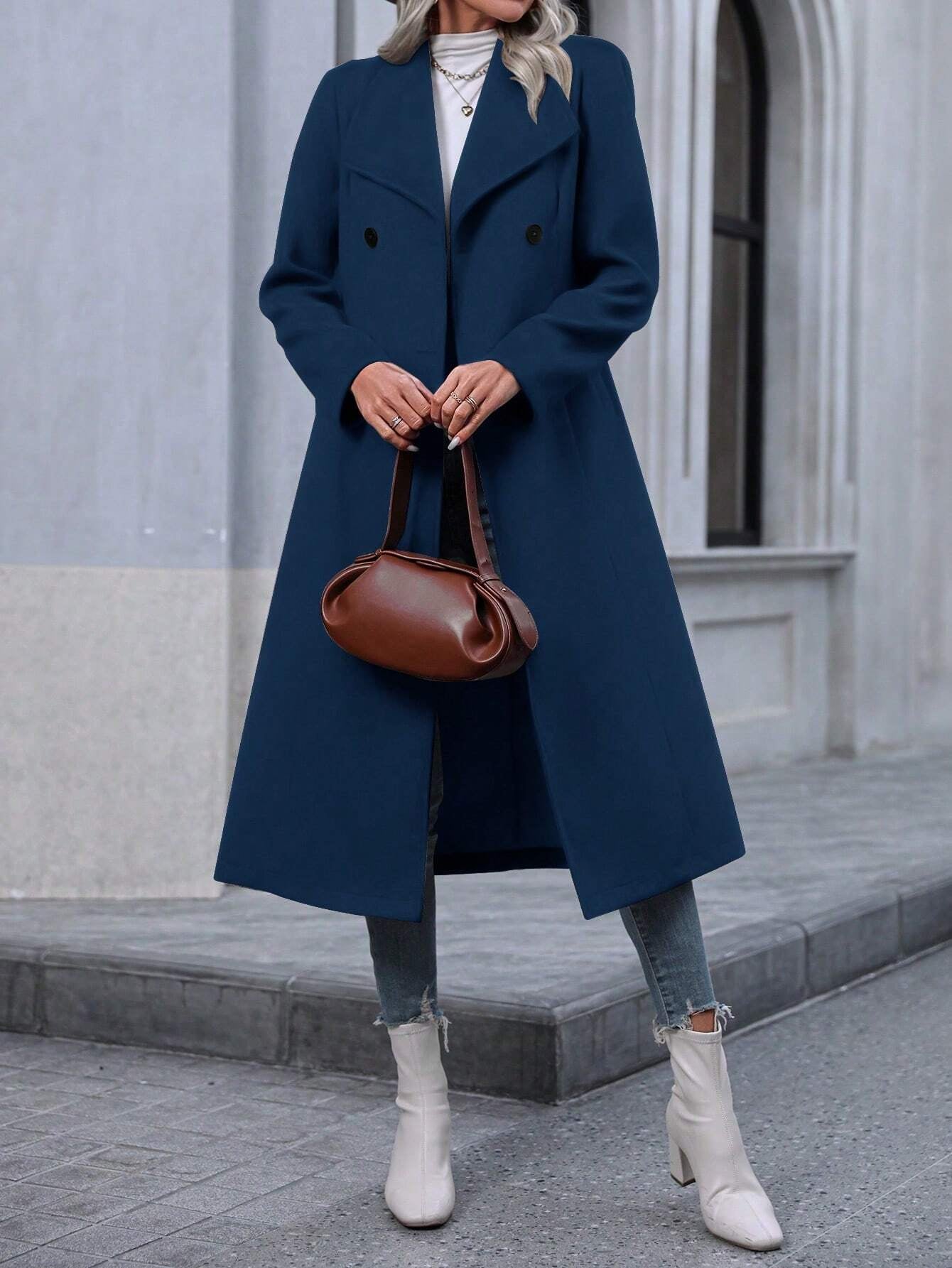 EMERY ROSE Solid Color Large Lapel Double-Breasted Overcoat