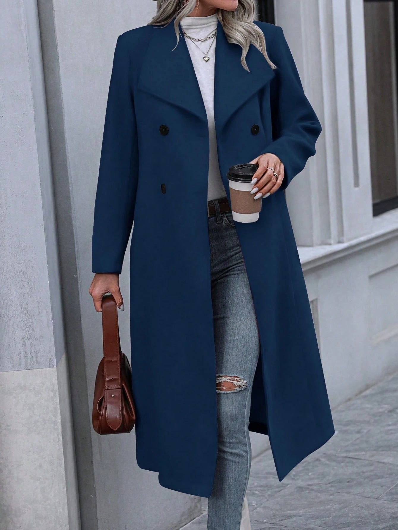 EMERY ROSE Solid Color Large Lapel Double-Breasted Overcoat