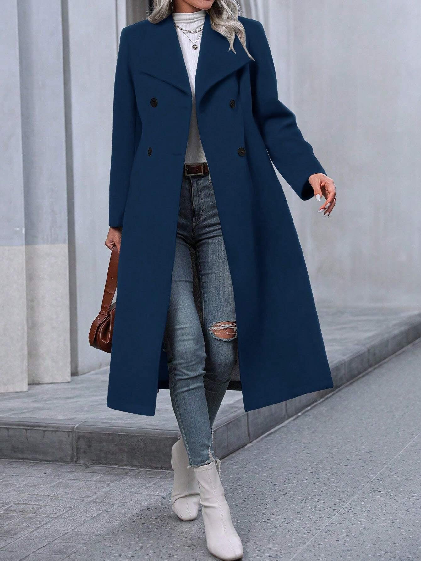 EMERY ROSE Solid Color Large Lapel Double-Breasted Overcoat